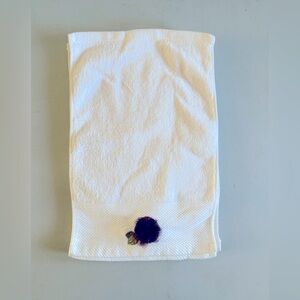5 new 16 X 11 white towels with cute 4 inch embroidered purple, 3-D flower